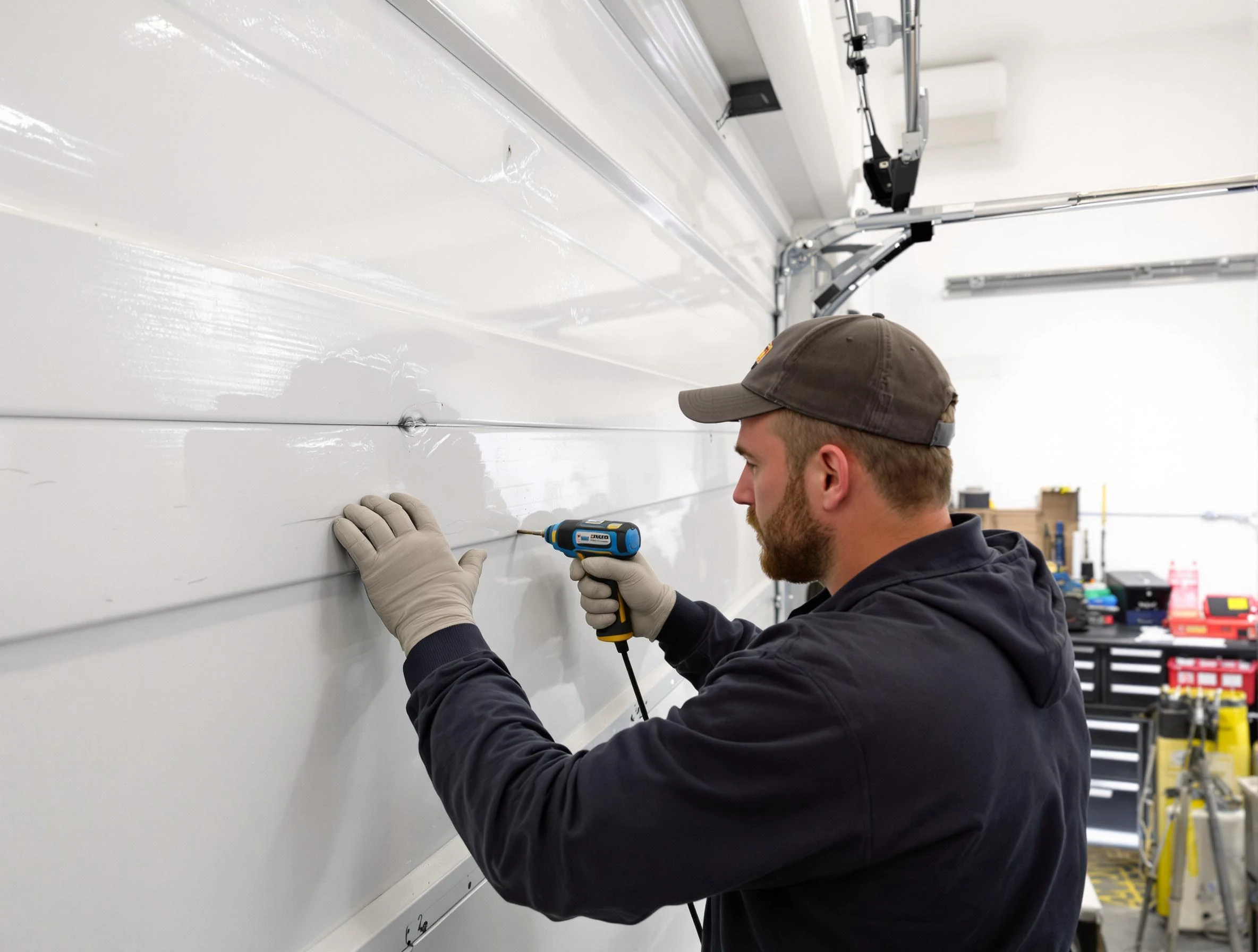 Todd Creek Garage Door Repair technician demonstrating precision dent removal techniques on a Todd Creek garage door